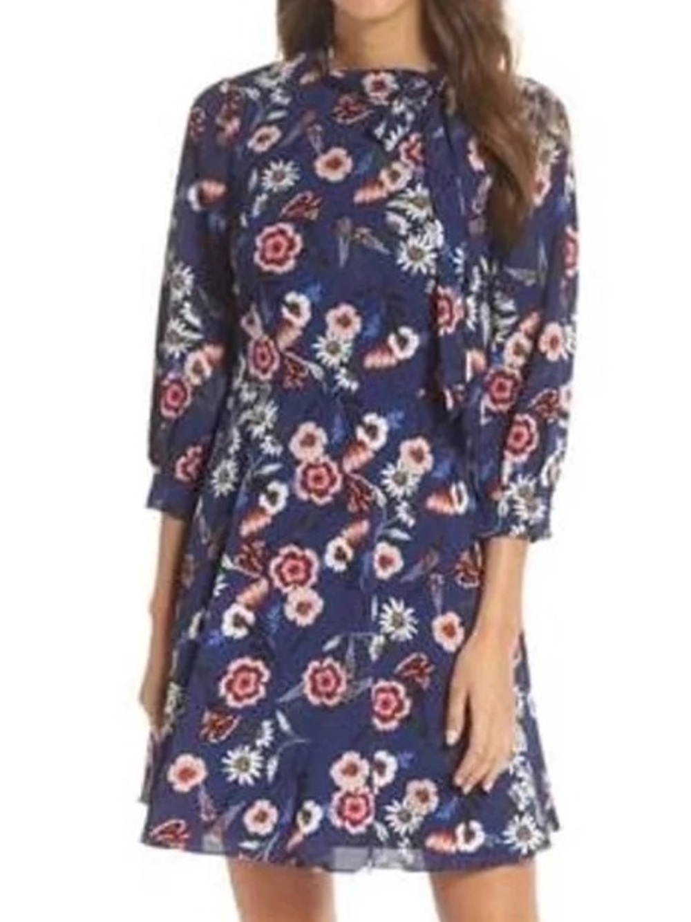 Eliza J Navy Floral Long-Sleeve Tie-Neck Dress